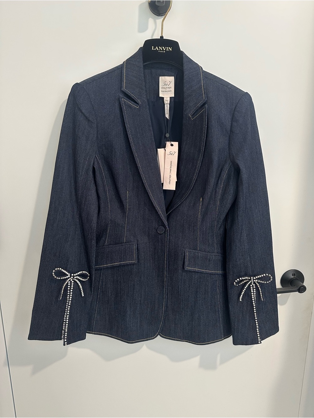 cinq a sept New with Tags Navy Denim Blazer with Crystal Bow Cuffs